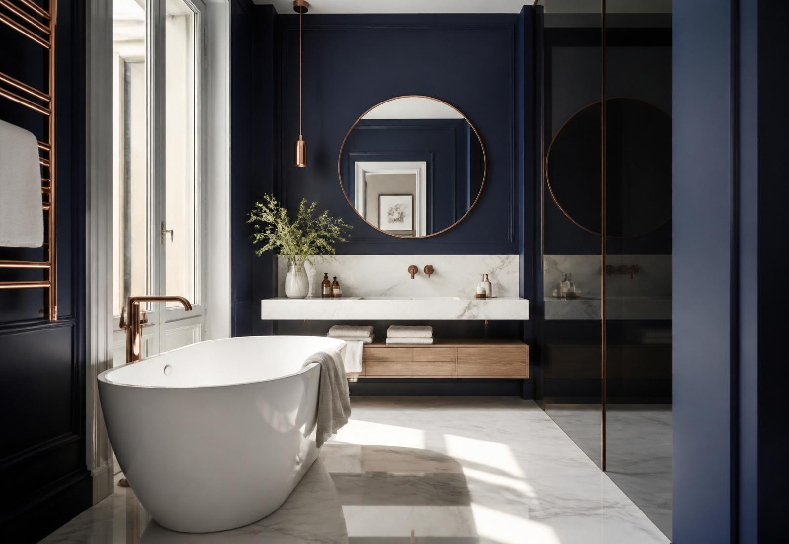 Baño reformado en Cuenca con acabados premium en azul marino y cobre